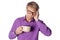 Handsome man with glasses over white background drinking a cup of coffee stressed with hand on head. Headache, cold and flu