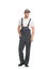 Handsome man in gray work overalls view