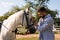 The handsome man is looking into the eyes of a horse