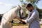 The handsome man is looking into the eyes of a horse