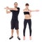 Handsome man and slim woman in sportswear warming hands before t