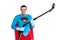 handsome man in superhero costume holding vacuum cleaner and smiling at camera