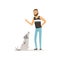 Handsome man teaching his dog to sit. Bearded guy character in sport pants and t-shirt. Human s best friends. Domestic