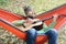 Handsome man in warm hat and scarf play on guitar while sitting in a hammock in autumn forest. Camping lifestyle or fall mood conc