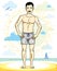 Handsome man with whiskers standing on tropical beach and wearing beachwear shorts. Vector human illustration. Summer vacation th