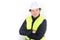 Handsome man worker portrait arms crossed folded with hard hat security helmet jacket yellow over white background