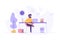 Handsome man is working at his laptop. Modern office interior with work process icons on the background. Vector illustration