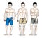 Handsome men standing wearing beach shorts. Vector people illustrations set.