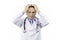 Handsome middle aged doctor in white medical gown with hand on head for headache