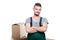 Handsome mover guy posing with cardboard boxes around