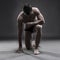 Handsome muscular bodybuilder posing on gray background. Low key studio shot