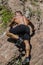 Handsome, muscular, shirtless climber climbing rock