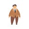 Handsome overweight man dressed brown suit, fat guy in fashionable clothes, body positive vector Illustration on a white