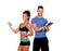 Handsome personal trainer with beautiful girl with dumbbells