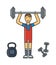 Handsome power athletic man in training pumping up muscles with dumbbell vector.