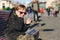 Handsome preteen boy wearing black jacket and trendy sunglasses. Stylish winter boys outfit