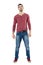 Handsome relaxed male fashion model wearing jeans and red v-neck shirt looking at camera