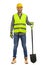 Handsome smiling construction worker is standing with spade. Front view. Studio shot