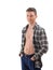 Handsome teenager posing in casual jeans and unbuttoned shirt, isolated