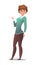Handsome woman in pants and sweater. Cheerful middle aged girl. Cheerful person. Standing pose. Cartoon comic style flat