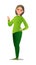 Handsome woman in pants and sweater. Cheerful middle aged girl. Cheerful person. Standing pose. Cartoon comic style flat