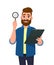Handsome young bearded man showing/holding magnifying glass and clipboard/document/report in hand. Search, find, discovery.