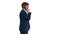 Handsome young businessman talking on the phone while walking on white background.
