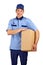 Handsome young delivery man holding box