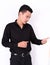 Handsome young man in black shirt  look hand  on white background  , Asia Portrait