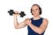 Handsome young man in blue shirt lifting dumbbell. White background isolated