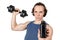 Handsome young man in blue shirt lifting dumbbell. White background isolated