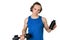 Handsome young man in blue shirt lifting dumbbell. White background isolated