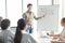 Handsome young man in casual dress standing near whiteboard and pointing on chart while coworker listening and sitting at table,