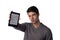 Handsome young man holding ebook reader