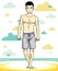 Handsome young man standing on tropical beach in bright shorts.