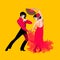 Handsome young man in traditional spanish costume and girl, dressed in red dress and with fan on her hand, dance flamenco