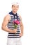 Handsome young sailor holding a bouquet of flowers