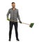 Handsome young smiling man is standing with broom. Full length, isolated