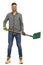 Handsome young smiling man is standing with a shovel. Full length, isolated