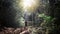 Handsome young stylish man in black t-shirt and sunglasses is engaged in trekking in the green jungle