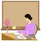 Handsome young teacher. The girl is sitting at the table near the window. A woman writes in a class journal. Vector illustration