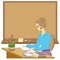 Handsome young teacher. The girl is sitting at the table near the window. A woman writes in a class journal. Vector illustration