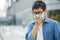 HandsomeMan wearing face mask protect filter against air pollution PM2.5 or wear N95 mask. protect pollution, anti smog and