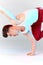 Handstand of Korean breakdancer performs breakdance freeze upside down on white
