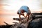 Handstand yoga pose by man on the beach near the ocean