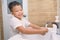 Handwashing, Little Asian kindergarten boy child washing hands in toilet , Hygiene Habits for Kids