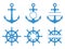 Handwheel and anchor icons. Sea ship. Vector monograms set isolated