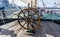Handwheel of sailing ship `Pallada`. Sailing ship equipment, control and navigation tools. Russia, Vladivostok