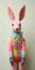 Handwoven Textile Inspired Pink Bunny In Yellow Jumpsuit