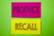 Handwriting Announcement text showing Product Recall. Conceptual photo Recall Refund Return For Products Defects written on sticky